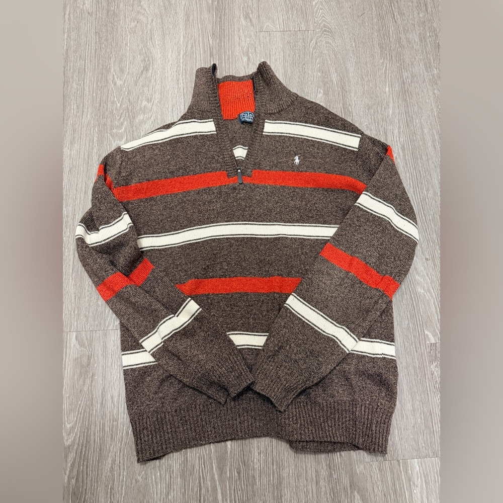 Polo by Ralph Lauren Men's Brown Zip-Up Sweater with Red and Cream Stripes